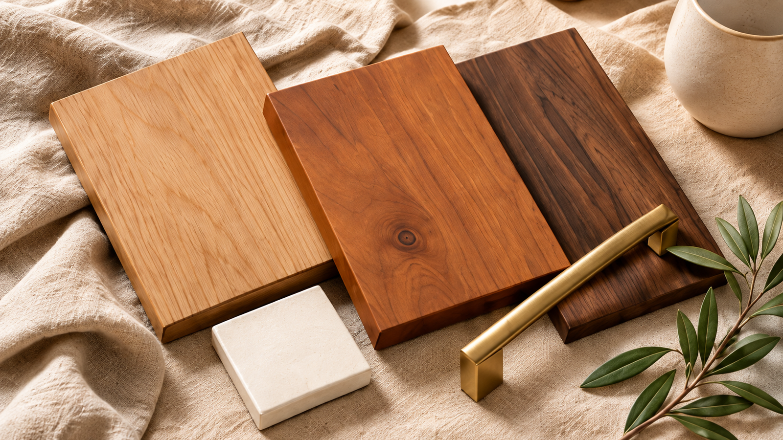 Cherry, maple and walnut wood samples with brass pull and ivory tile